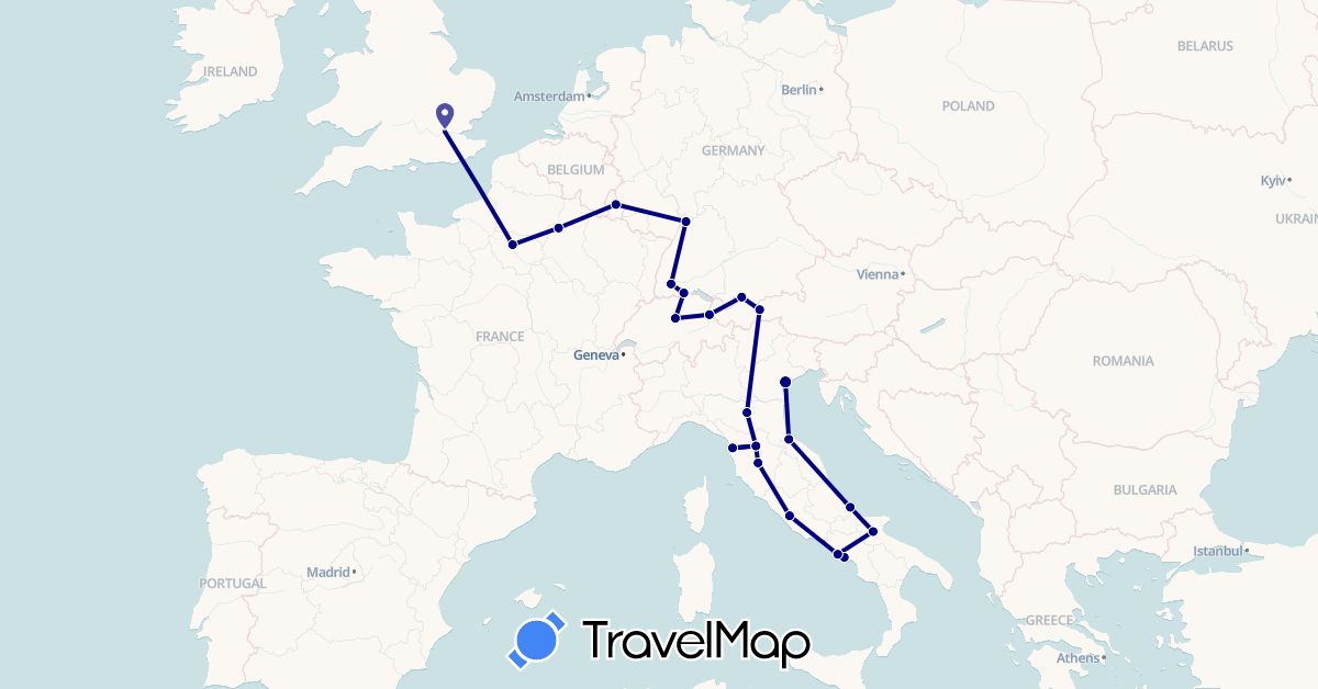 TravelMap itinerary: driving in Austria, Switzerland, Germany, France, United Kingdom, Italy, Liechtenstein, Luxembourg, San Marino (Europe)